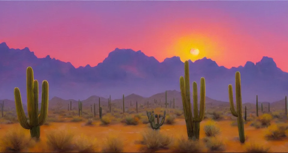 Prompt: the sonoran desert at sunrise, muted colors, beautiful painting, oil on canvas, by Ewa Czarniecka, award winning masterpiece,