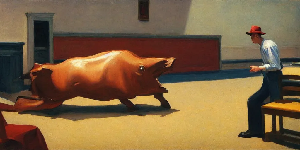 Prompt: “a mechanical bull by Edward Hopper”