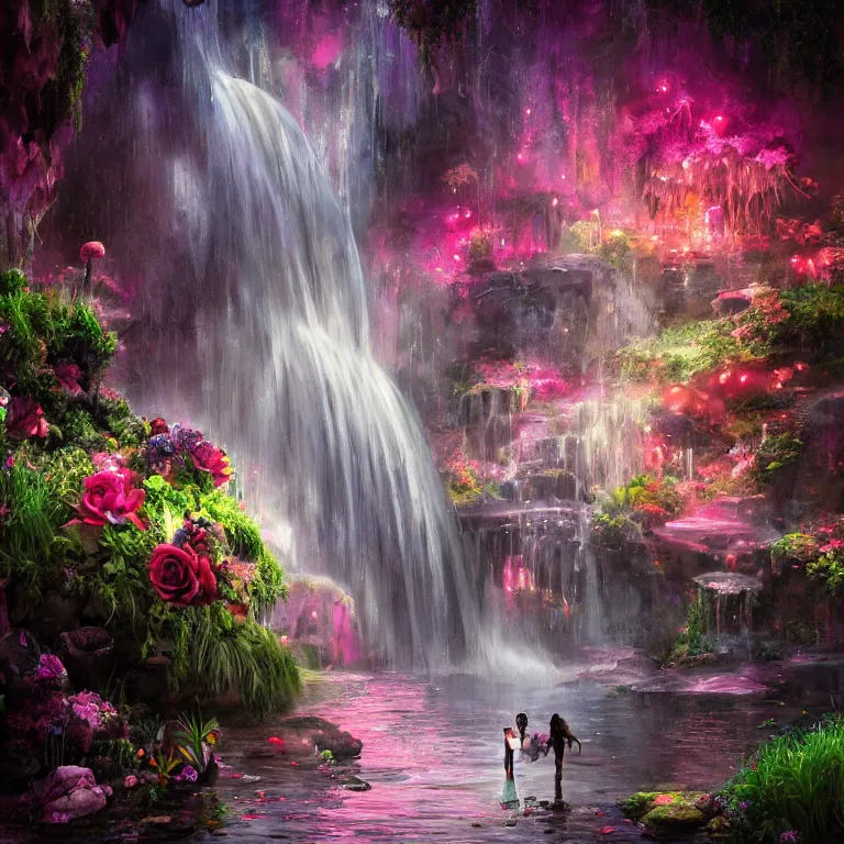 Image similar to oil painting, rich deep colors masterpiece, waterfall, gray, pink, ultra detailed, beautiful fantasy cave scene, contrast, firefly lights, neon drops, neon stones, redheaded flower girl and dress made of fresh flowers, roses, lilies, volumetric light, neon signs, atmospheric lighting, dramatic, cinematic, steampunk, moody, octane render 4 k, 8 k