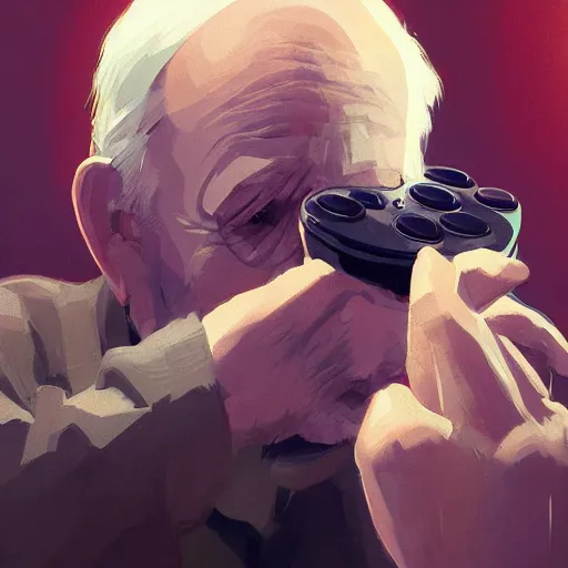 Image similar to An old man playing video games, holding a controller. By ilya kuvshinov, krenz cushart, Greg Rutkowski, trending on artstation. Sharp highlights, amazing textured brush strokes, accurate shape, cinematic soft, 8k, VFX, HDR, dramatic lighting, psychedelic colouring