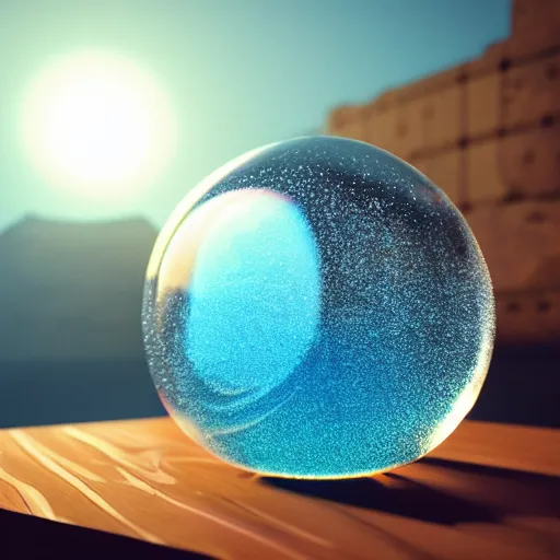 Prompt: realistic arcane magical sphere filled with bubbles on top of a wooden table, a raytraced image by filip hodas, trending on cgsociety, photorealism, vray tracing, rendered in unreal engine, ray tracing