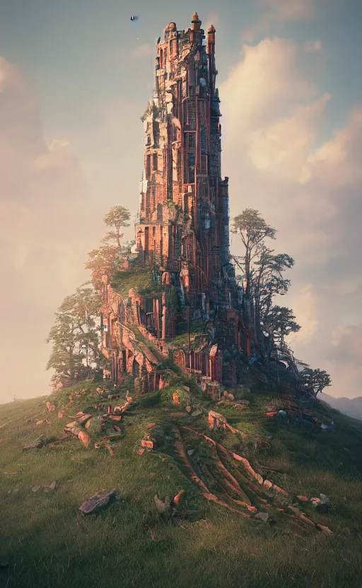 Image similar to a brick wizard tower on a hill, magical, mystical. intricate artwork by Tooth Wu and wlop and beeple. octane render, hyper realism, 8k