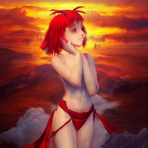 Prompt: Classical oil painting of Flandre Scarlet at sunset by Marc Simonetti, beautiful anime portrait, official artwork, stylistic, Touhou character, brush strokes, oil, canvas