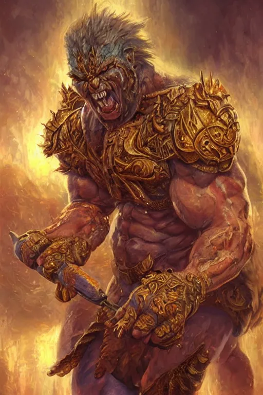 Image similar to ultra realist soft painting of a single Berserker, very intricate details, golden ratio, volumetric rainbow lighting, reflections, refractions, symmetry accurate anatomy features, fantasy background, unreal render, Boris Vallejo artstyle