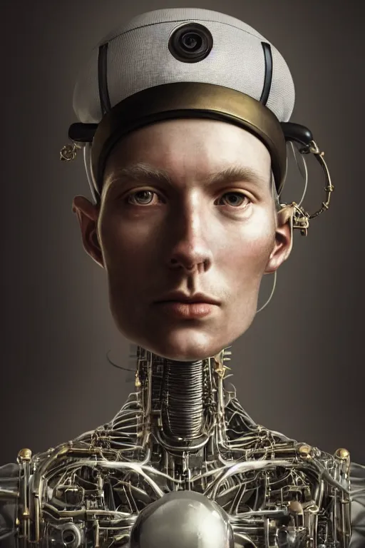 Image similar to a beautiful ultradetailed vintage photo of a futuristic cybernetic cyborg male wearing a toque chef hat, by tom bagshaw and anna dittman, portrait, 3 5 mm lens, golden ratio composition, detailed face, studio photography, very detailed, humanoids, industrial robots, artstation, 8 k, highly coherent