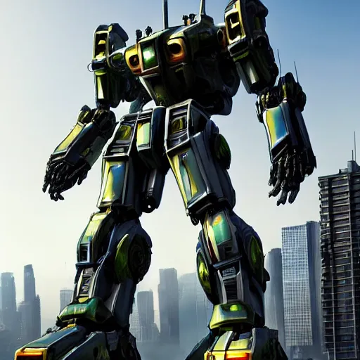 Image similar to a beautiful hyperrealistic ultradetailed 3D render of a gigantic mecha standing behinder the city, by brian sum and stephen martiniere and Antonio Manzanedo. mech, dragon, unreal engine, octane render, PBR, 3D, brilliantly colored, intricate, wide angle, volumetric lighting, polished, path tracing