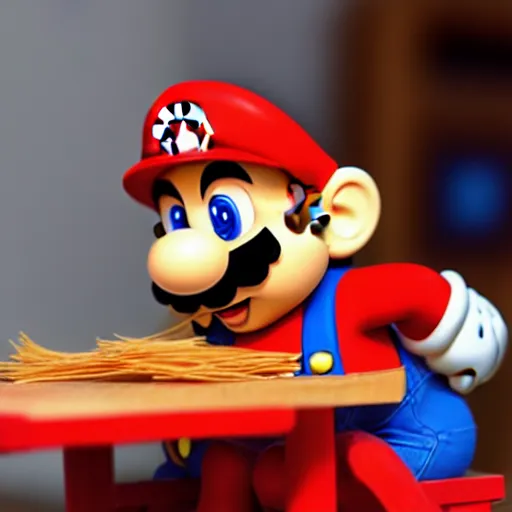 Image similar to photo of super mario sitting at a table eating spaghetti, highly detailed, extremely high quality, hd, 4 k, 8 k, canon 3 0 0 mm, professional photographer, 4 0 mp, lifelike, top - rated, award winning, realistic, detailed lighting, detailed shadows, sharp, no blur, edited, corrected, trending