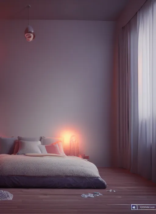 Prompt: a detailed octane render of a cozy 3 d bedroom interior, volumetric lighting, ray tracing, dramatic lighting, unreal engine 5, physical based render. balanced and aesthetically pleasing colors.