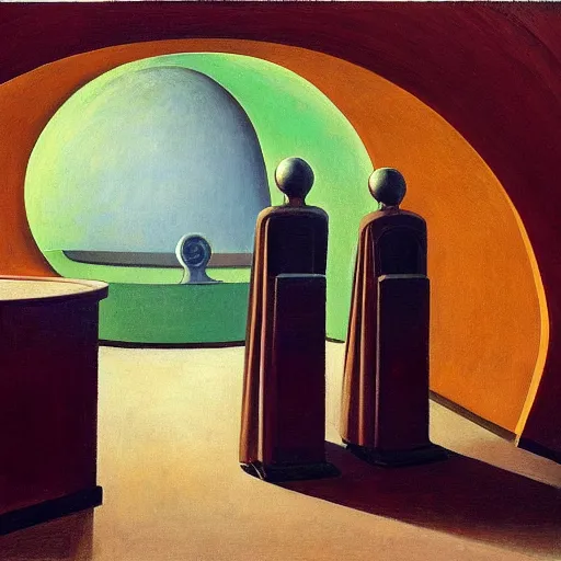 Image similar to three brutalist robotic seers watchers oracles soothsayers inside a dome, pj crook, grant wood, edward hopper, syd mead, oil on canvas