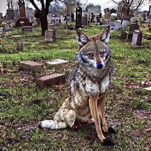 Image similar to “ skinwalkers shapeshifting into coyotes in graveyard cemetery, hyperrealistic ”