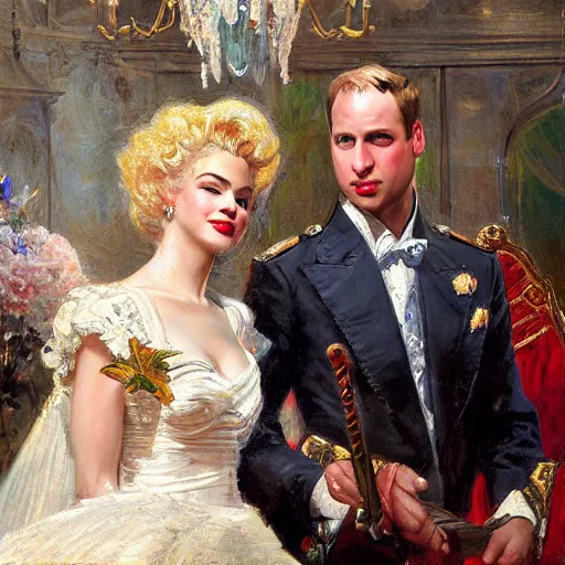 Prompt: painting of prince william marrying attractive marilyn monroe, painting at the victoria and albert museum, highly detailed painting by gaston bussiere, craig mullins, j. c. leyendecker 8 k