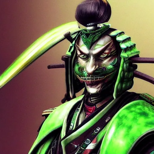 Prompt: Green Yoshimitsu Samuraï from the future, hyperrealistic