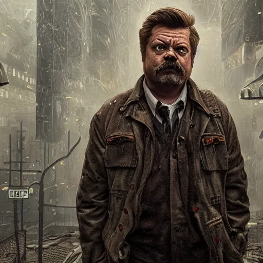 Image similar to Very very very very highly detailed epic central composition photo of Ron Swanson, intricate, dystopian, sci-fi, extremely detailed, digital painting, smooth, sharp focus, illustration, intimidating lighting, incredible art by Brooke Shaden, artstation, concept art, Octane render in Maya and Houdini