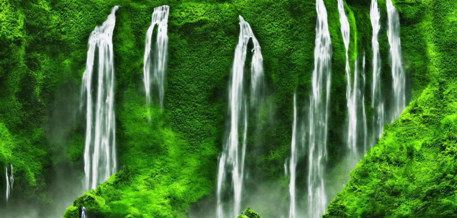 Prompt: a large waterfall in the middle of a green valley, vector art, a detailed matte painting by jacob willemszoon de wet, shutterstock contest winner, naturalism, sense of awe, national geographic photo, unreal engine