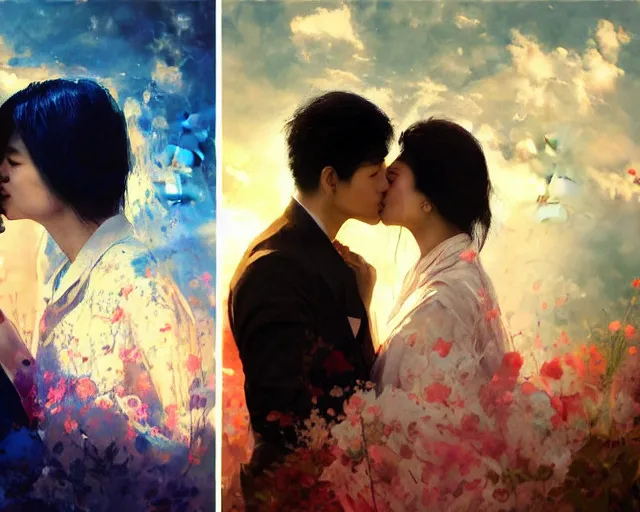 Prompt: photography of asian couples kissing each other, deep focus, d & d, presented as magazine collage style, volumetric light, colourful, sharp, detailed, digital painting by rolf armstrong, jeremy lipkin and michael garmash, rob rey and kentaro miura style