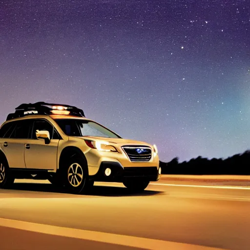 Prompt: official promo photo for the 2 0 5 2 subaru outback, driving down a kentucky highway at night, stars in the sky, 2 5 mm f / 1. 8 film grain