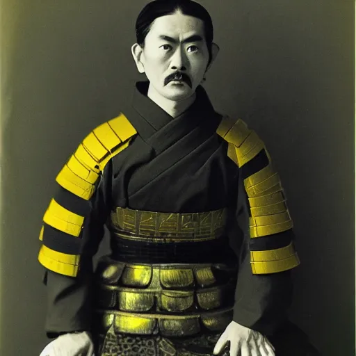 Prompt: portrait old samurai hero with armor, leica, by photographer man ray, vibraant yellow colors,