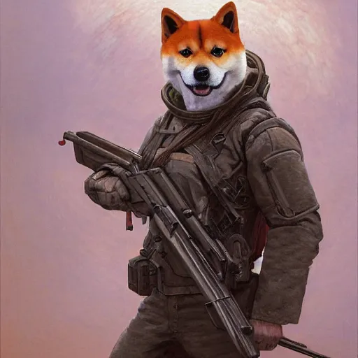 Image similar to anthropomorphic shiba inu, holding sniper riffle, science fiction, cementary, scifi, 3 d render, masterpiece, red aura, by donato giancola and greg rutkowski and wayne barlow and zdzisław beksinski, realistic face