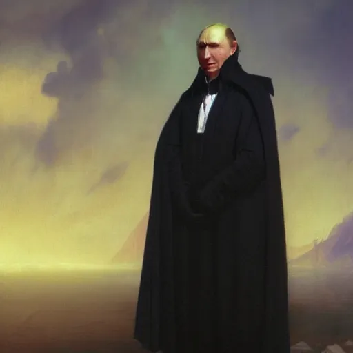 Prompt: sith lord putin, by ivan aivazovsky and syd mead and moebius and gaston bussiere and roger dean and pieter claesz and paul delaroche and alma tadema and gerard ter borch, hyperrealistic, volumetric light, octane render