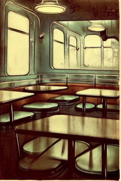 Prompt: ( ( ( ( ( 1 9 5 0 s diner interior. muted colors. ) ) ) ) ) by jean - baptiste monge!!!!!!!!!!!!!!!!!!!!!!!!!!!!!!