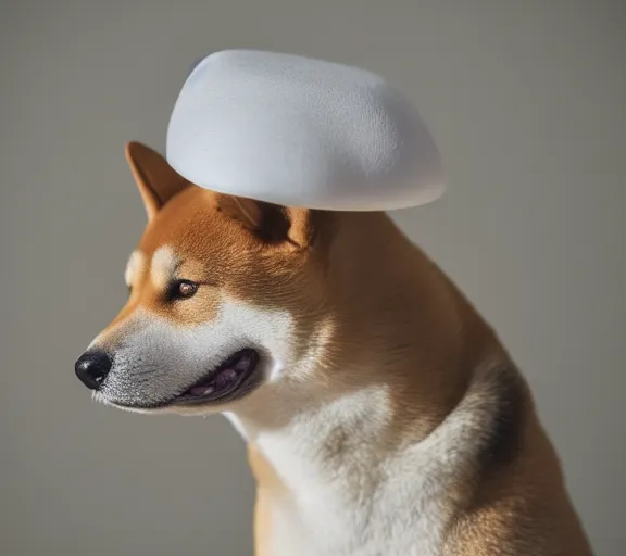 Prompt: a portrait of shiba inu with a mushroom cap growing on its head. intricate. lifelike. soft light. sony a 7 r iv 5 5 mm. cinematic post - processing