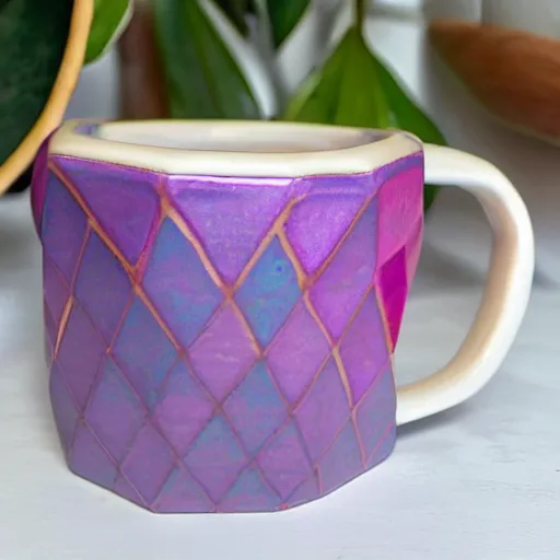 Prompt: geodesic triangle ceramic mug with pink and purple pearlescent glaze