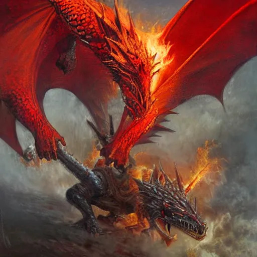 Image similar to epic fantasy painting of red dragon breathing fire towards knight, by john avon, by seb mckinnon, high detail, fantasy battle