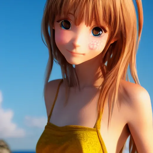 Image similar to Render of a very beautiful 3d anime girl, long hair, hazel eyes, cute freckles, full round face, short smile, cute sundress, golden hour, serene beach setting, medium shot, mid-shot, highly detailed, trending on Artstation, Unreal Engine 4k