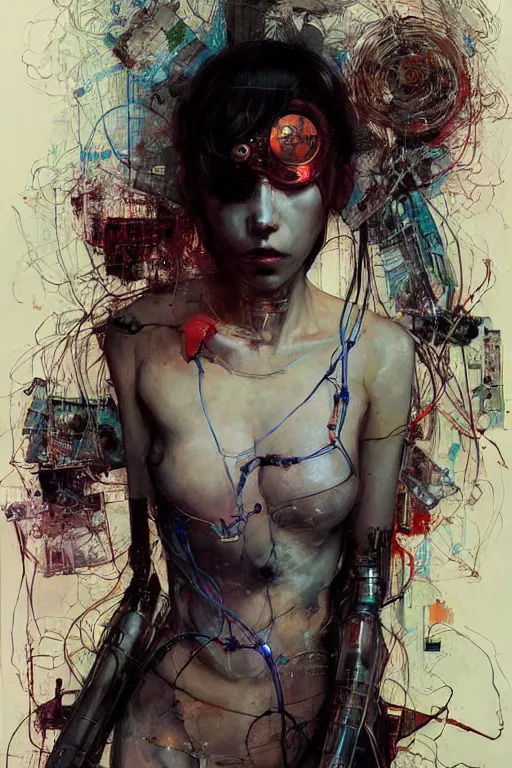 Prompt: young woman cyberpunk dream thief, wires cybernetic implants, in the style of adrian ghenie, esao andrews, jenny saville,, surrealism, dark art by james jean, takato yamamoto. intricate, very detailed, high quality