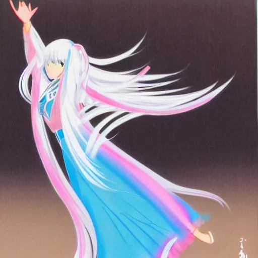 Image similar to A girl with long white hair is dancing, her hair is very flowing by yoneyama mai