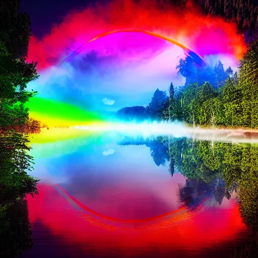 Image similar to rainbow neon sign half circle in water reflected on misty mountain lake at midday, surrounded by beautiful forest, sunny summertime sunlit daylight, twisting smoke bomb, hdr, smoke on water, 4 k, award winning photography, volumetric lighting, artstation