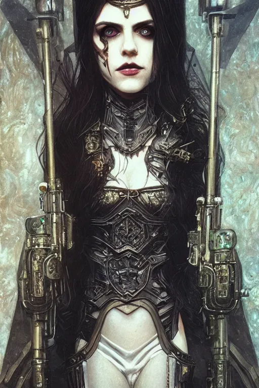 Image similar to portrait of beautiful gothic Alexandra Daddario, cyberpunk, Warhammer, highly detailed, artstation, illustration, art by Gustav Klimt