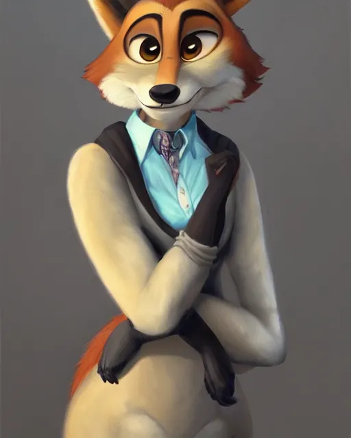 Image similar to oil painting of anthromorphic female wolf, in style of zootopia, female fursona, furry, furaffinity, 4 k, deviantart, furry art, fursona art, wearing black business suit, business suit, wolf fursona, female, smug expression,