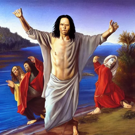 Image similar to tommy wiseau jesus break dances on the water, biblical, oil painting, sunny, beautiful