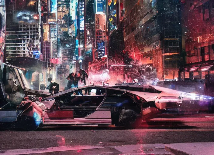 Prompt: a cyberpunk delorean breaking the space - time continuum, energy and time particles, dramatic framing, movie footage, 8 k