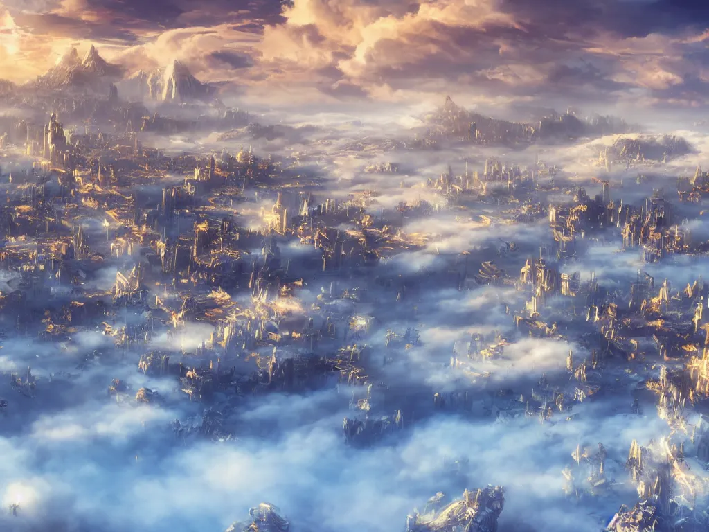 Image similar to city above the clouds，pure white and gold, fantasy artwork, very beautiful scenery, hdr, ue5, unreal engine 5, cinematic 4k wallpaper, 8k, ultra detailed, high resolution, artstation, award winning.