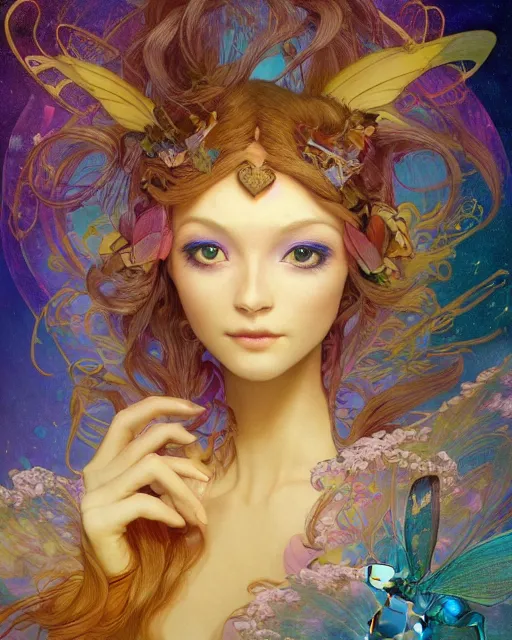 Prompt: a beautiful fairy in a morning dreamland, coherent design, symmetry, concept art, trending on artstation vivid color, complementary color, golden ratio, detailed, sharp lines, intricate, rainbowshift, by james gurney, by brian froud, by peter mohrbacher, by alphonse mucha, by maxfield parrish, by karol bak, deviantart, octane render