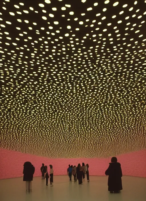 Prompt: a photograph of a museum light installation designed by yayoi kusama, 3 5 mm, color film camera, dezeen, architecture