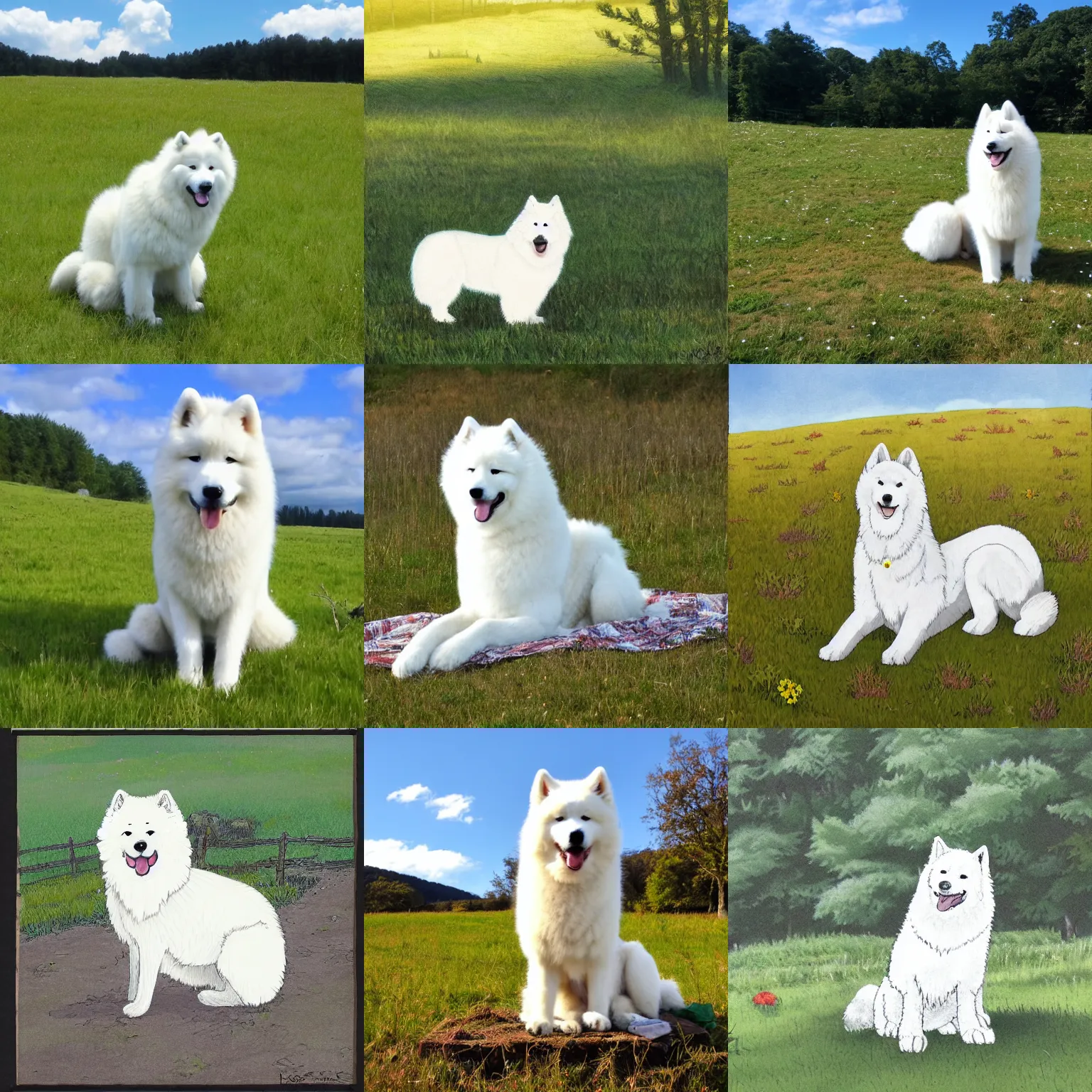 Prompt: a samoyed dog sitting in the middle of sunny meadow, by Koyoharu Gotouge