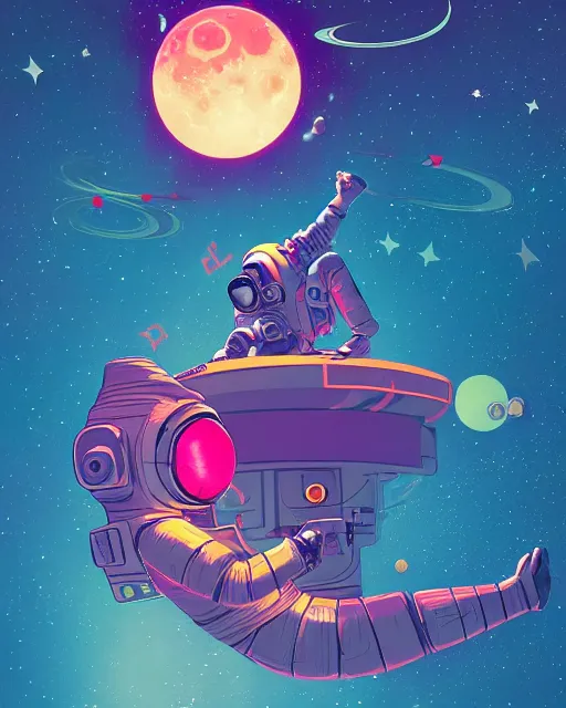 Prompt: an Astronaut lie relaxed on a crescent moon between the stars and the planets in outer space, cosmonaut psychedelic style, post grunge concept art,4k, illustration, trending on artstation by josan gonzalez and tyler edlin