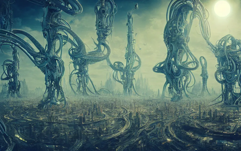 Prompt: a group of bizarre aliens in a high tech city on an alien planet, beautiful atmosphere, colorful, beautiful detailed intricate insanely detailed octane render trending on artstation, 8 k artistic photography, photorealistic, volumetric cinematic light, salvador dali, hieronymus bosch, beksinski, giger,