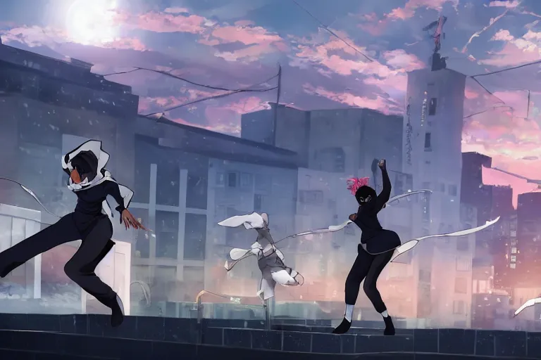 Prompt: a cute young black female ninja nurse wearing a diamond white coat is attacking an old man on a harlem rooftop, lighting, anime scenery by Makoto shinkai