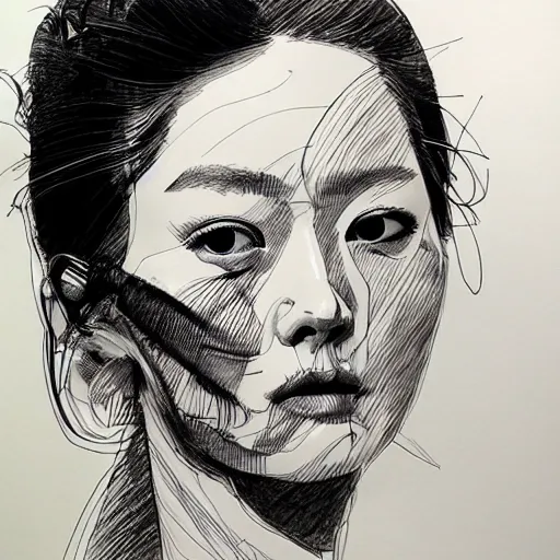 Image similar to ink drawing portrait of a woman in suit byjung gi kim, jenny saville