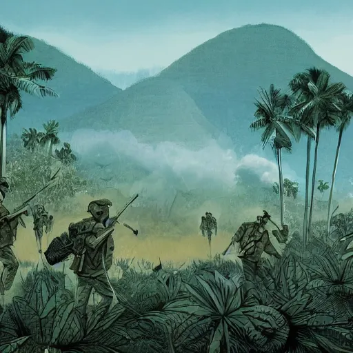 Image similar to handmade illustration of an epic Vietnam war scene with a many soldiers walking, the jungle at the background, Jamaica flag, some smoke and fire, blue sky with dramatic clouds, line art, ink, watercolor by Kilian Eng and by Jake Parker, heavy brushstrokes, winning-award masterpiece, fantastic, octane render, 8K HD Resolution, High quality image