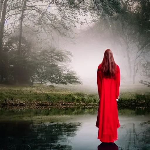 Image similar to beautiful lady with white long hair and dressed with a red victorian cloak, seen from behind, standing in a lake, mist, morning light, photorealistic