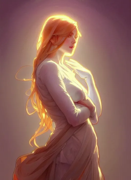 Image similar to digital character concept art by artgerm and greg rutkowski and alphonse mucha. clear portrait of a shy modern wife blessed by god to grow immaculately fertile and perfect!! blonde, in clothes! holy body! light effect. hyper detailed, glowing lights!! intricate, elegant, digital painting, artstation, smooth, sharp focus