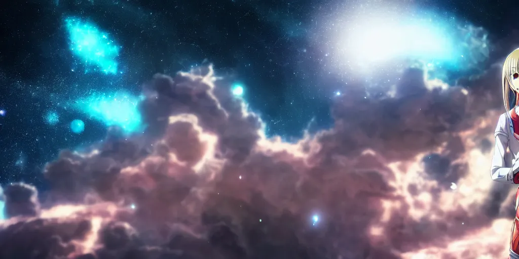 Image similar to High resolution photo of an anime girl in a spacesuit in awe at the beauty of the universe, 4k/8k, Cinematic Movie Photograph, Cinematic Lighting