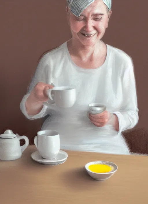 Image similar to middle - aged woman sitting in a table with a hot cup of tea, small wide smile, mandel eyes, forehead, small plump lips, oval face, wrinkled big cheeks calming white background of a kitchen with yellow flowers, pastel colours, thin blurry lines, digital painting, artstation, matte, sharp focus, illustration, realistic oil painting