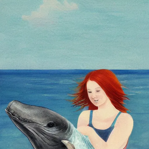 Image similar to a portrait of a red headed young woman hugging a whale in a scenic environment by Bowater Charlie