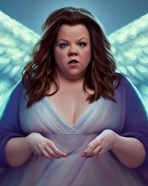 Image similar to Fullbody potrait of Melissa McCarthy as an angel, hyper realistic, prismatic highlights, atmosphere, gorgeous, depth of field, cinematic, macro, concept art, 50mm, artstation, wlop, elegant, epic, weta digital, focus, octane render, v-ray, 8k, kodak portra, art by Liberatore